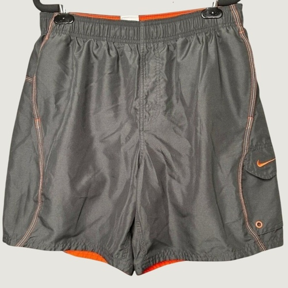 Nike Mens Swim Trunks Gray Orange Cargo Board Shorts Medium Mesh Lined Vacation